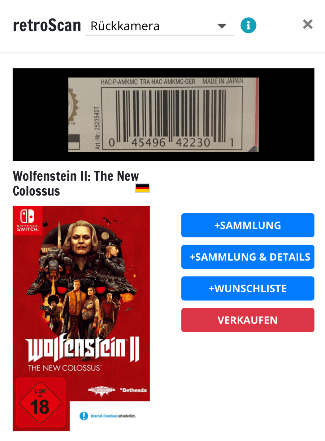 Mit retroScan fügst du Spiele blitzschnell deiner Sammlung und Wunschliste hinzu oder bietest es zum Kauf an.